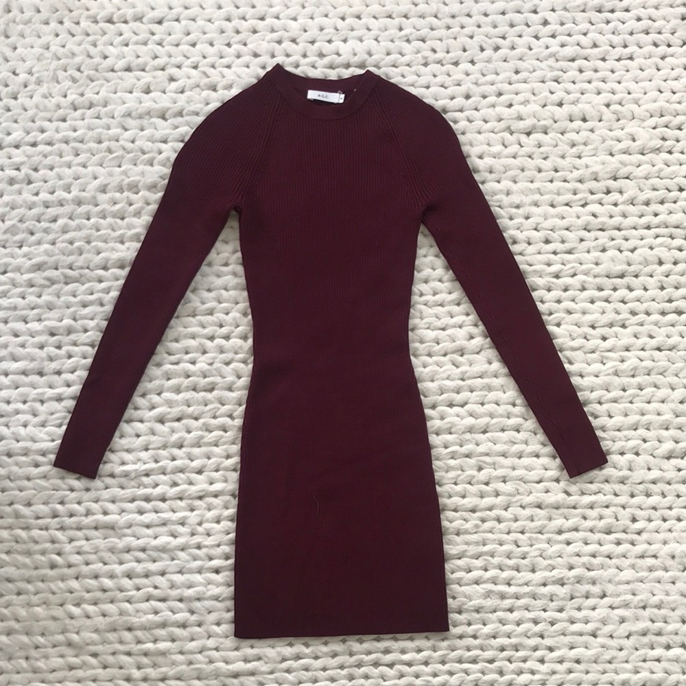 ALC Burgundy Ribbed Bodycon Dress Long Sleeve